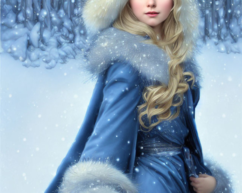 Woman in Blue Winter Coat Standing in Snowy Forest