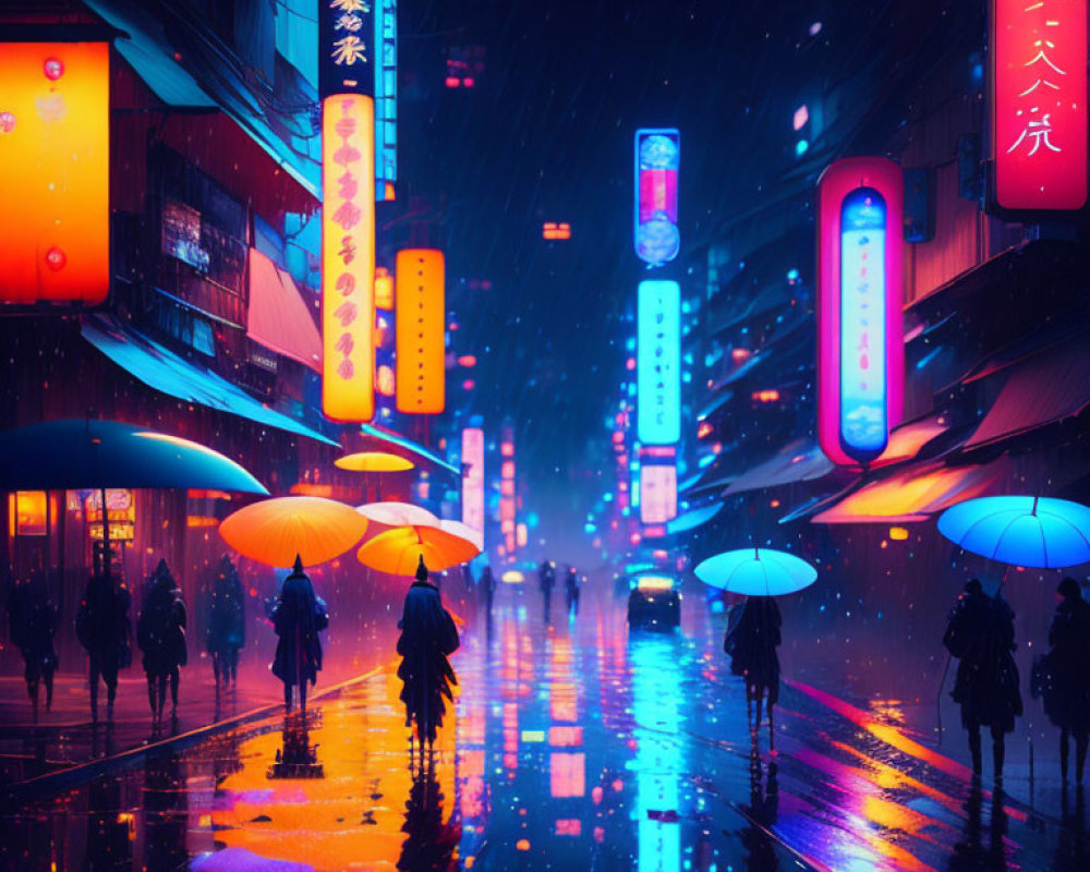Neon-lit night street scene with people and umbrellas