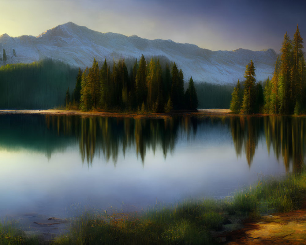 Tranquil lake with pine trees, dusk sky, and snow-capped mountains