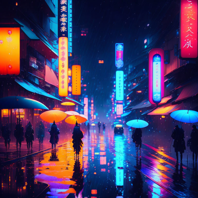 Neon-lit night street scene with people and umbrellas