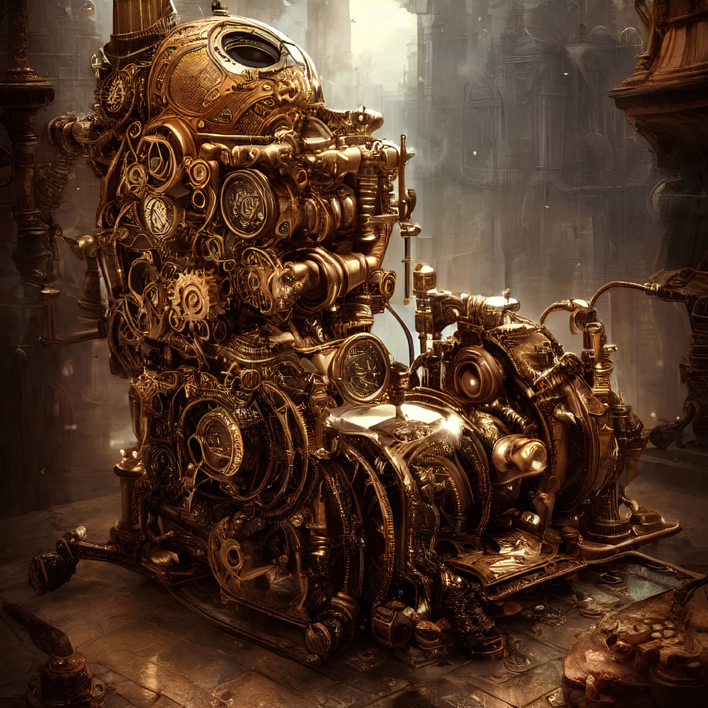 Intricate Steampunk Machine with Gears in Industrial Setting