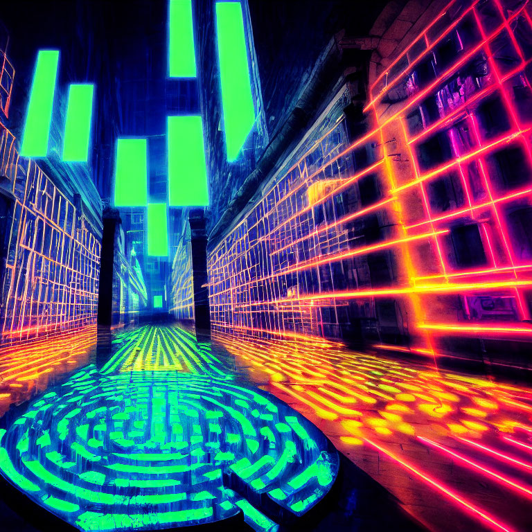 Colorful neon-lit urban alley with glowing geometric shapes