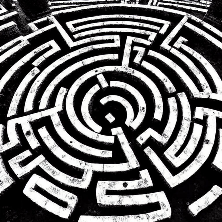 Monochrome circular maze with intricate pattern