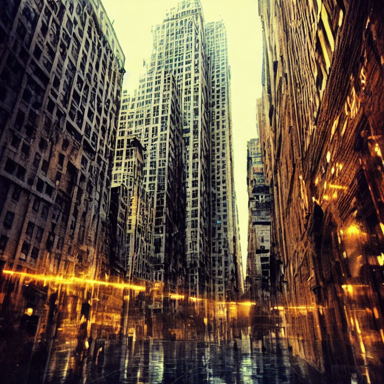 Urban cityscape with tall buildings and wet streets at night