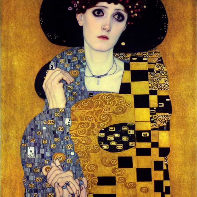 Art Nouveau style portrait of a pale woman in patterned dress and hat