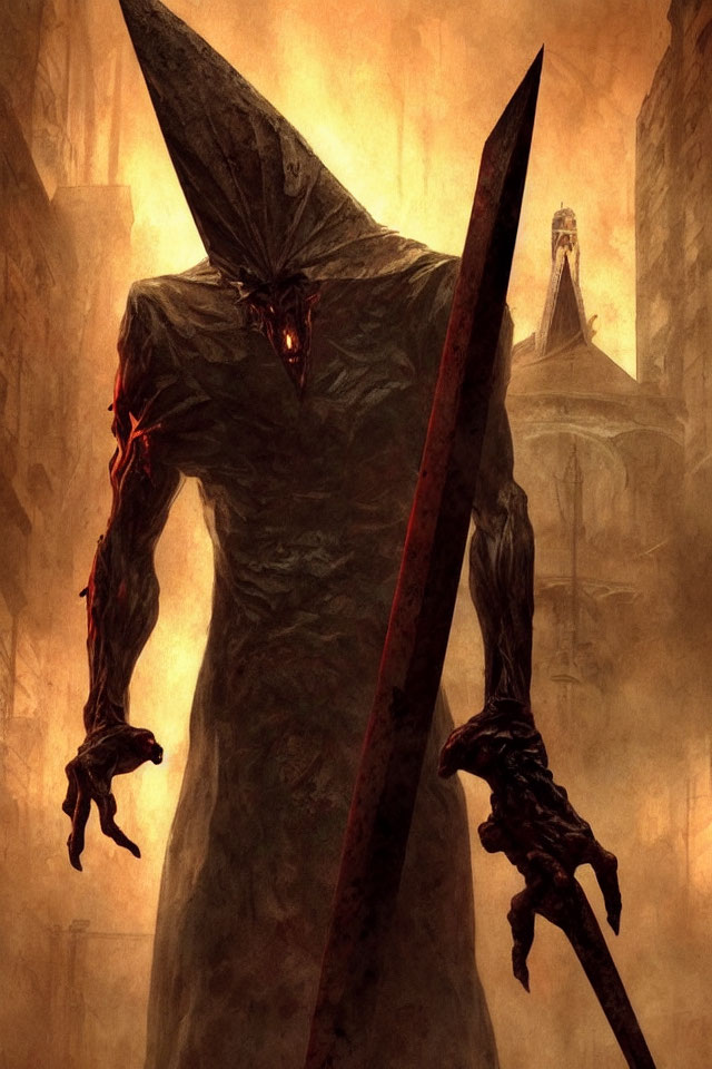 Hooded figure with sword in eerie gothic setting