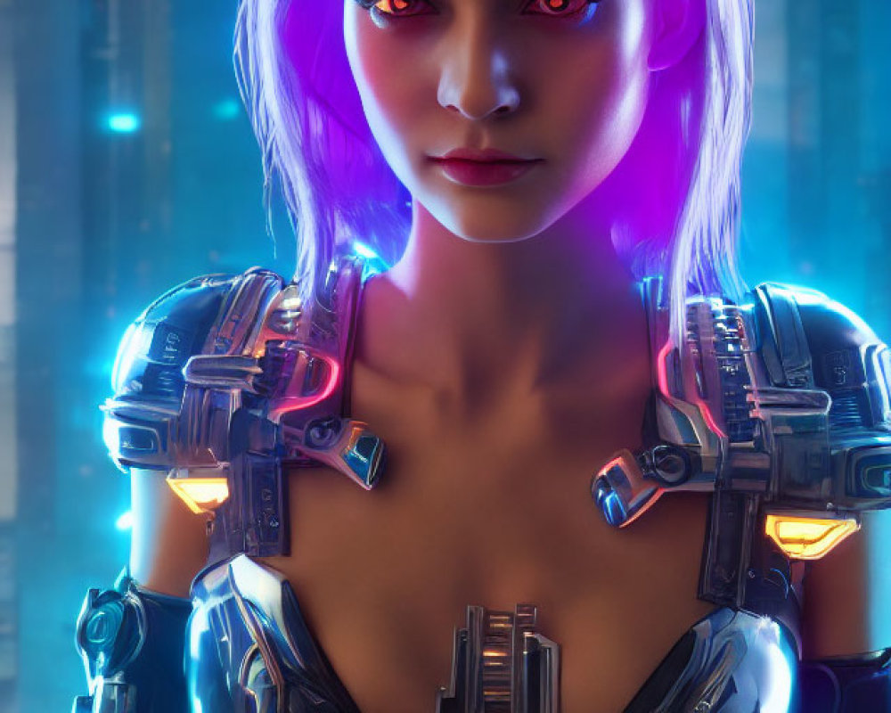 Futuristic female warrior in red-eyed armor on neon-lit backdrop
