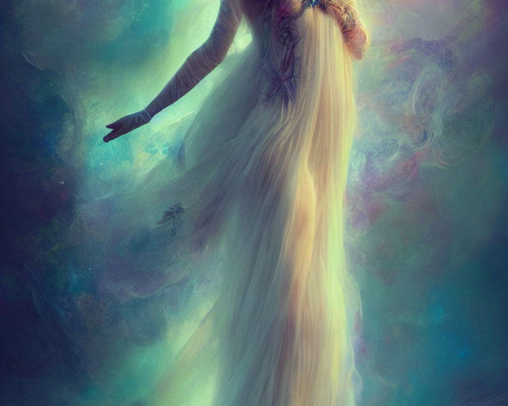 Mystical woman in flowing gown with vibrant colors