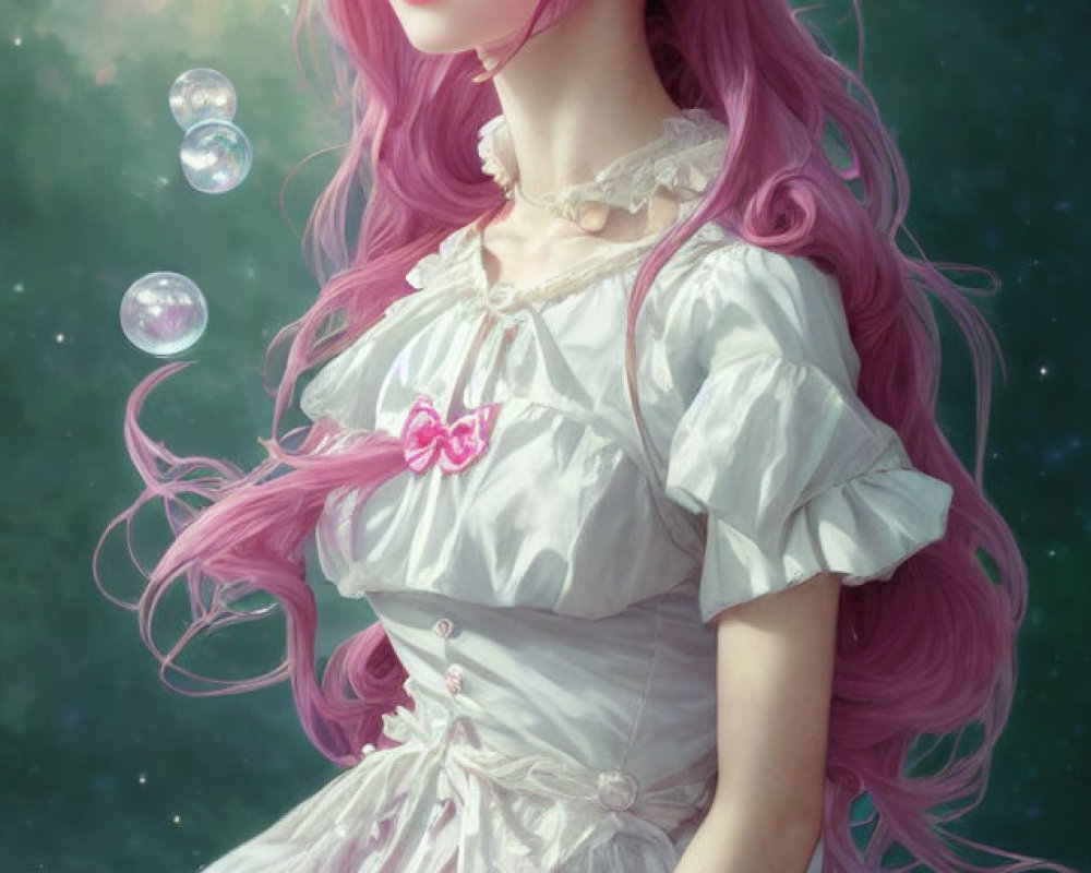 Pink-haired woman in Victorian dress surrounded by bubbles and ethereal backdrop