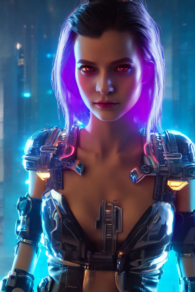 Futuristic female warrior in red-eyed armor on neon-lit backdrop