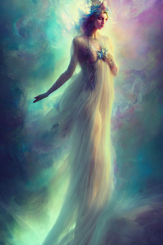 Mystical woman in flowing gown with vibrant colors