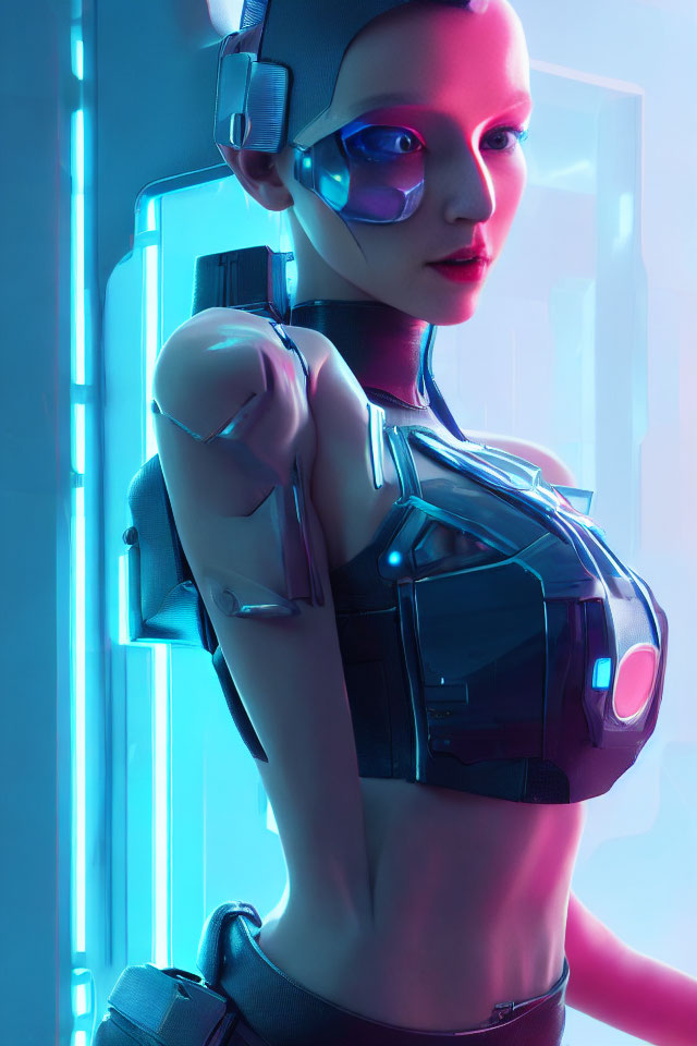 Futuristic female android with cybernetic arm in neon-lit environment