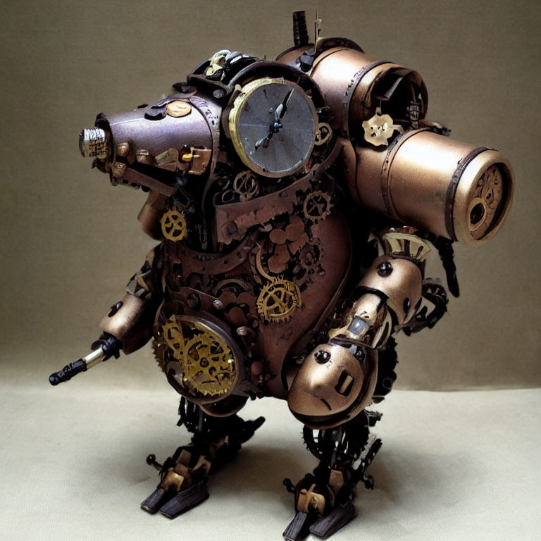 Steampunk-inspired robotic sculpture with gears, clocks, and metallic elements
