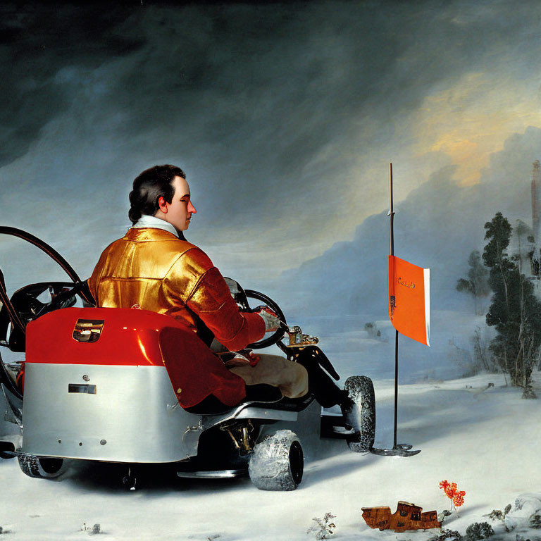 Person in golden jacket on go-kart superimposed on snowy landscape painting with Russian flag