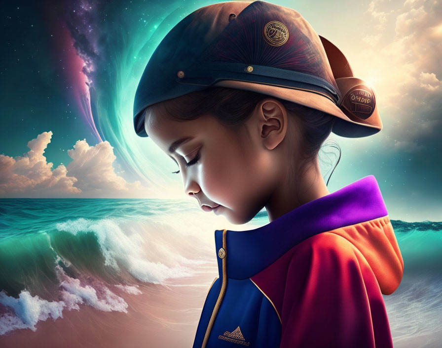 Vibrant digital artwork: contemplative child with cap in surreal seascape and cosmic sky