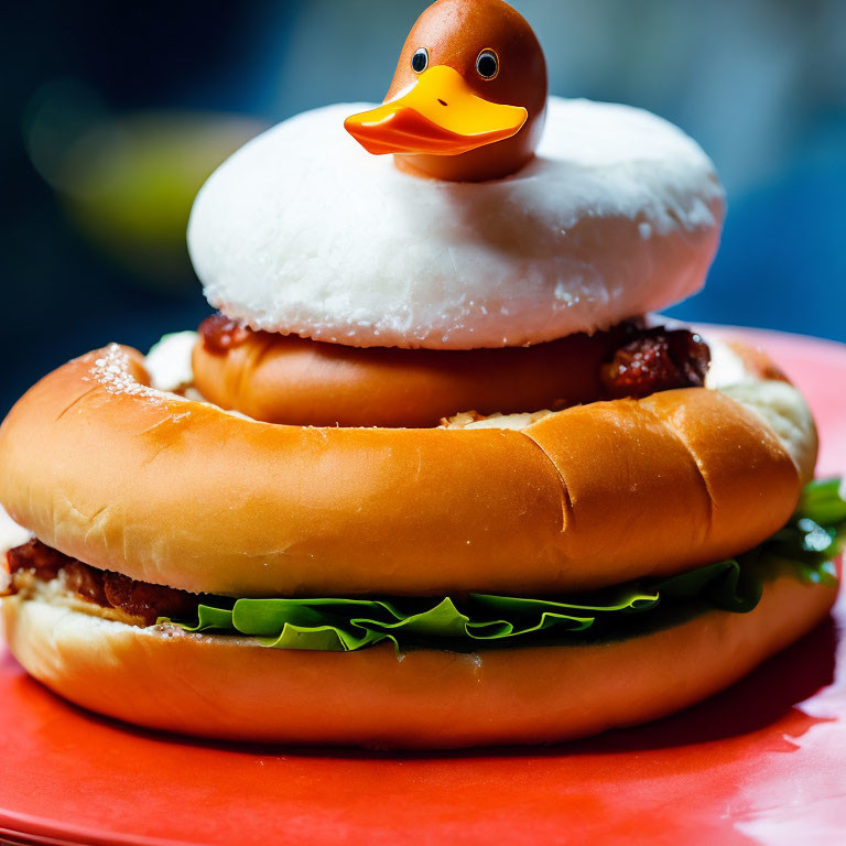 Rubber Duck on Burger with Lettuce and Patty on Red Plate