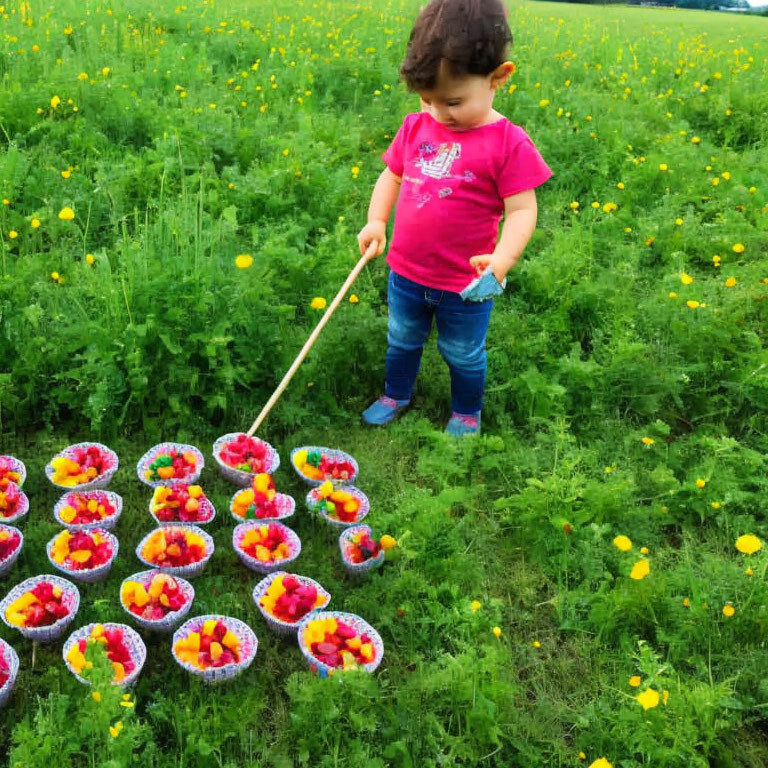 Toddler in Pink Shirt and Jeans Observing Floral Arrangements in Green Field