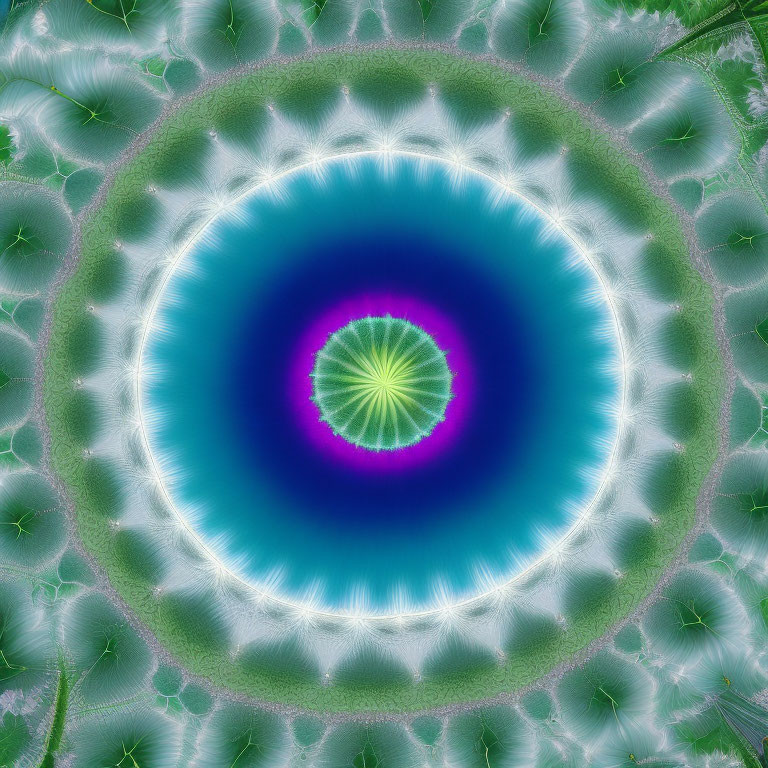 Symmetrical blue and green fractal pattern with intricate details