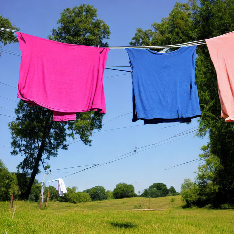 Clothes drying on line in sunny field with green grass and trees