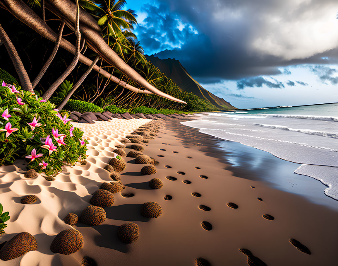 Sandy beach with footprints, tropical flora, palm trees, and mountain backdrop under cloudy sky