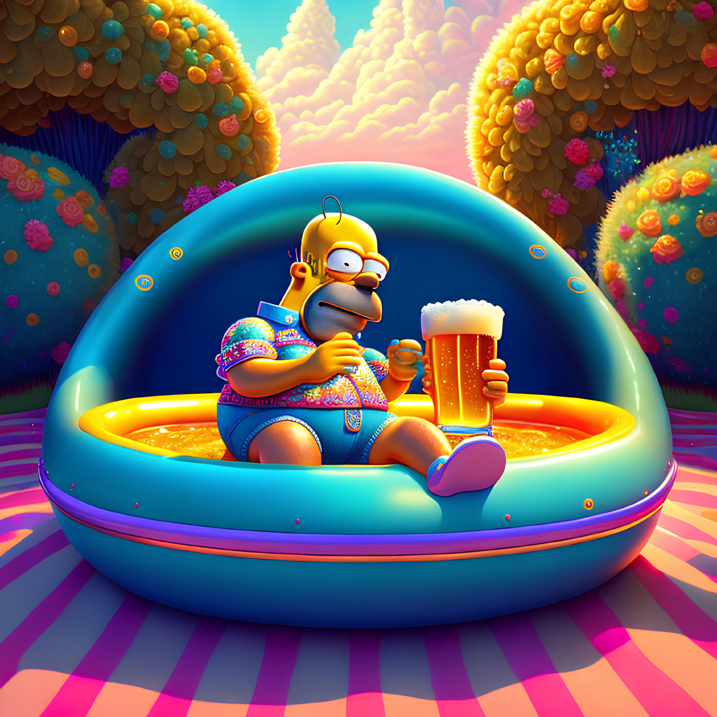 Animated character relaxing on pool float with beer mug, surreal colorful scenery