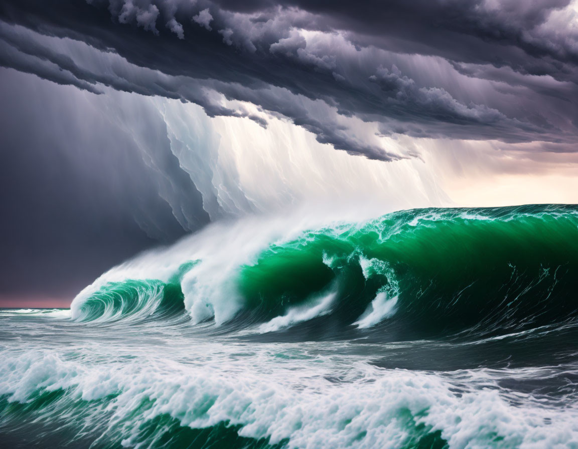 Stormy clouds contrast with towering green wave - a powerful scene of nature.