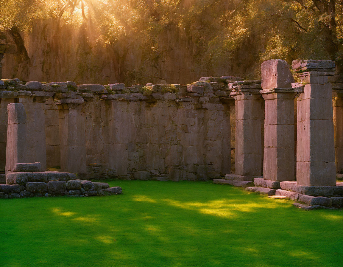 Sunlight on Ancient Stone Columns and Ruins in Grass Clearing