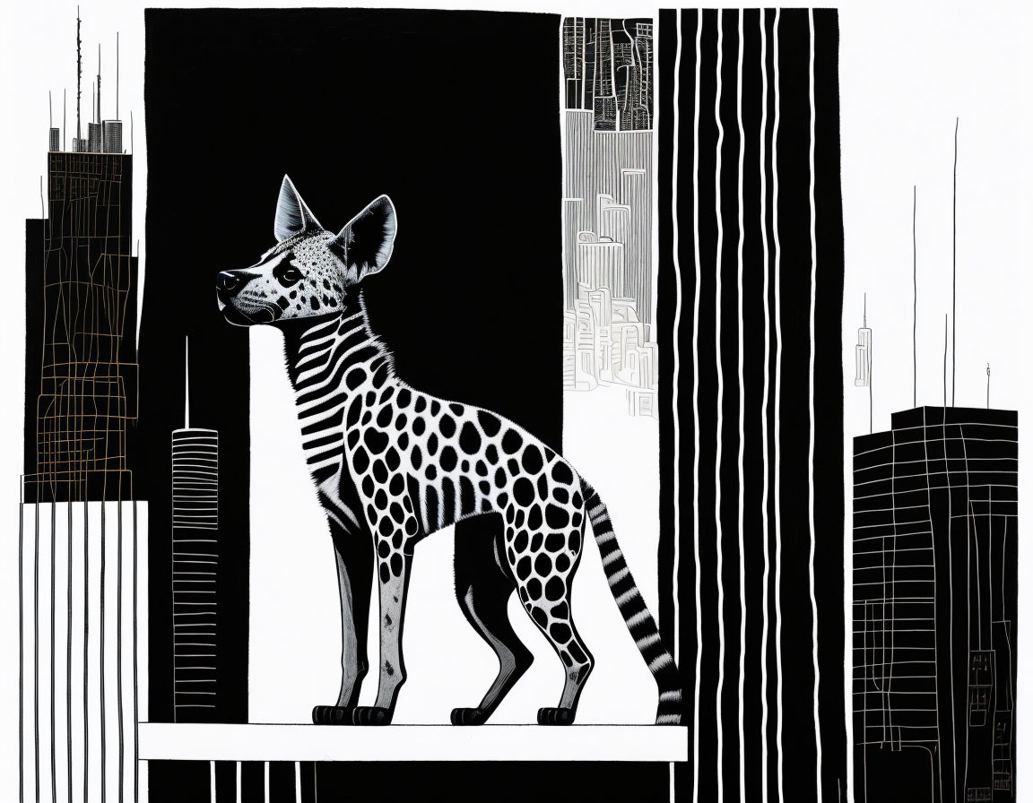 Spotted hyena illustration on platform with cityscape background