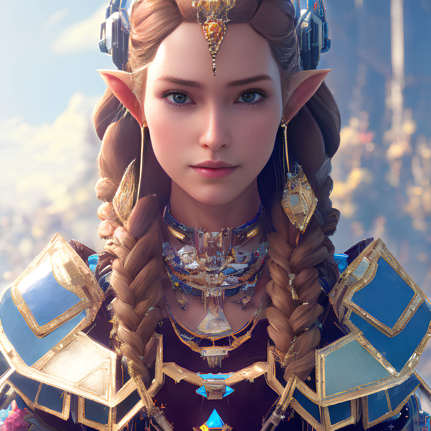 Detailed female elf digital artwork with intricate jewelry, braided hair, and armored costume.