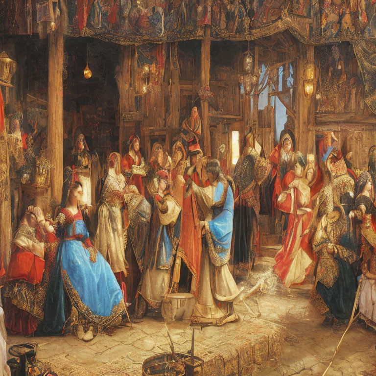 Medieval royal figure greeting elegantly attired crowd in grand hall