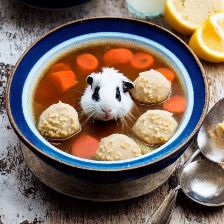 Guinea pig in soup with matzo balls, carrots, and lemon slice
