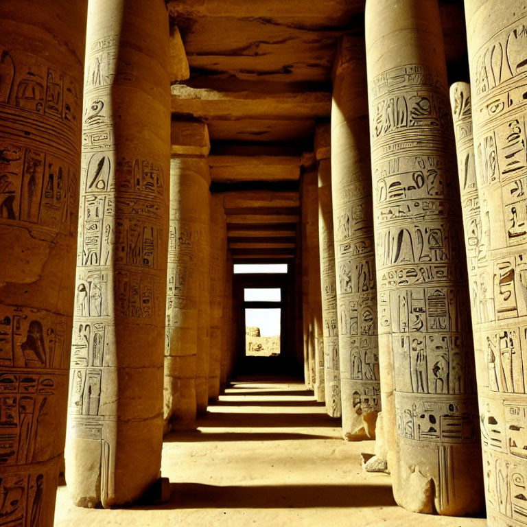 Ancient Egyptian temple corridor with hieroglyphic-adorned columns and sunlit exit