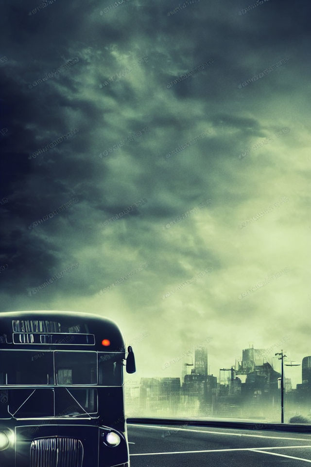 Vintage bus on deserted road under stormy sky with city silhouette.