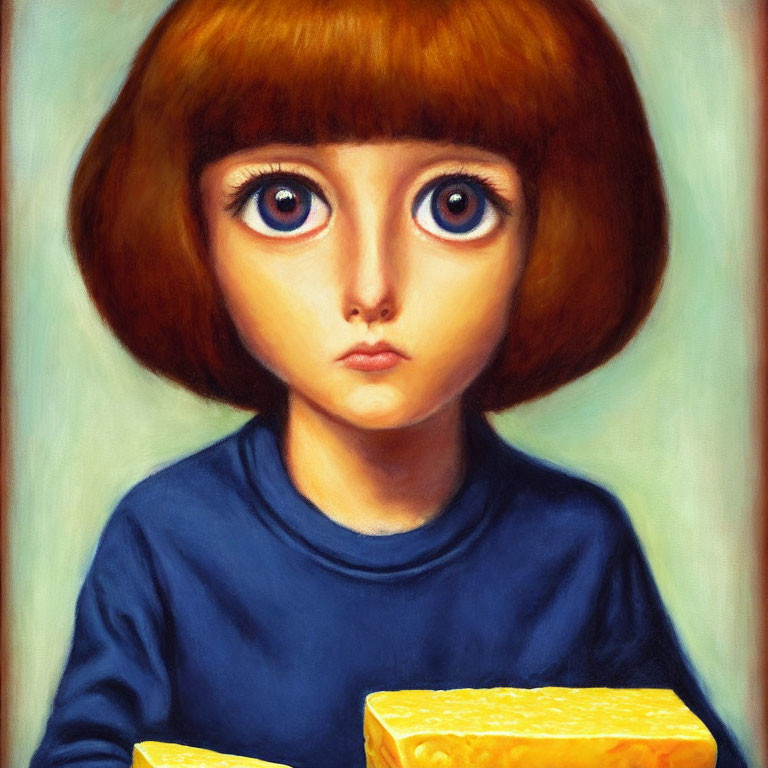 Portrait of a Girl with Bob Haircut and Blue Top Holding Sponge Cake
