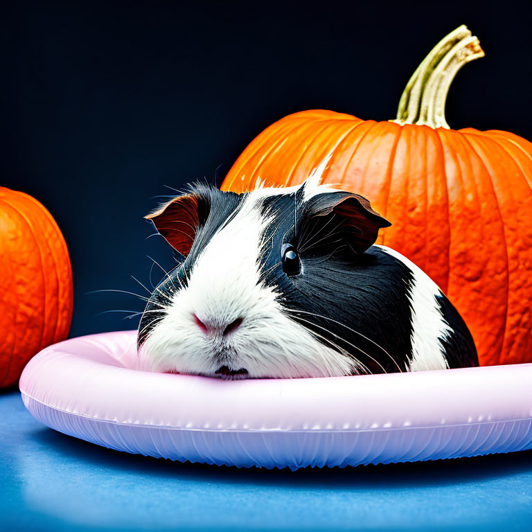 Black and White Guinea Pig in Pink Inflatable Ring with Pumpkins on Blue Surface