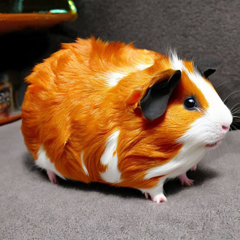 Tricolor guinea pig with orange, white, and black fur on grey carpet