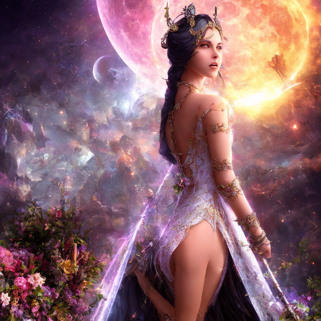Regal woman with crown in fantastical cosmos