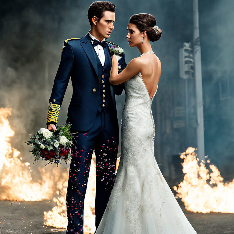 Bride and groom in formal wedding attire with flames backdrop.