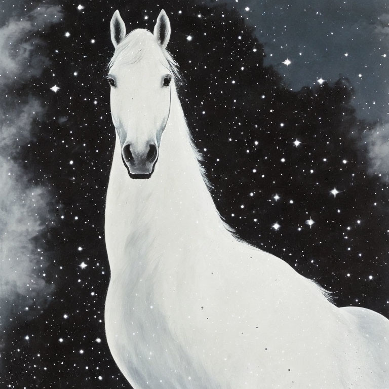 White horse merges with starry night sky in dreamlike fusion