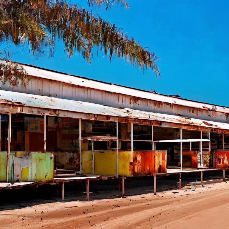 Colorful Abandoned Market Stalls Under Rusting Metal Roof