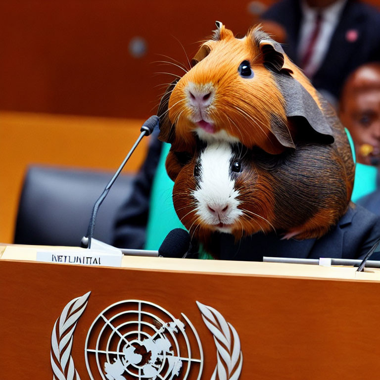 Guinea pig with comical hairstyle at UN podium in edited image