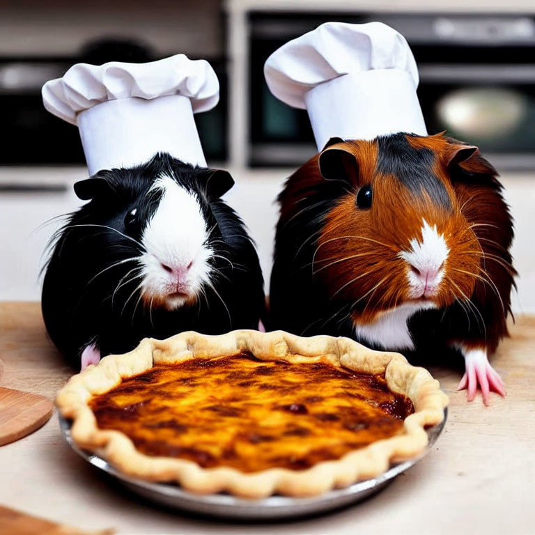Adorable guinea pigs with chef hats by a pie