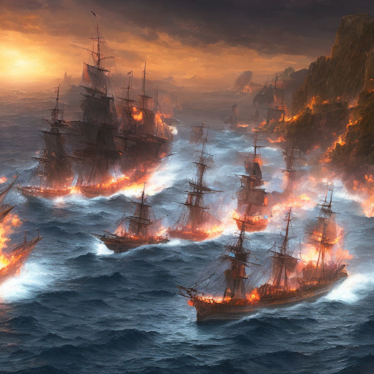 Tall ships on fire amidst stormy ocean at sunset