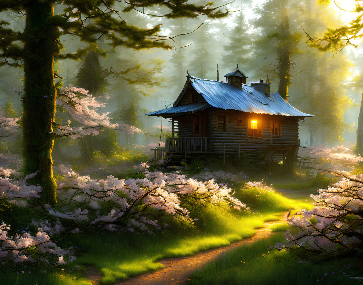 Wooden cabin in vibrant forest glade with pink flowering trees