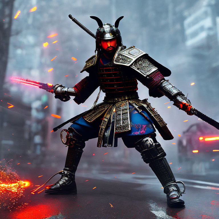 Samurai warrior in traditional armor with red lightsaber in dynamic setting