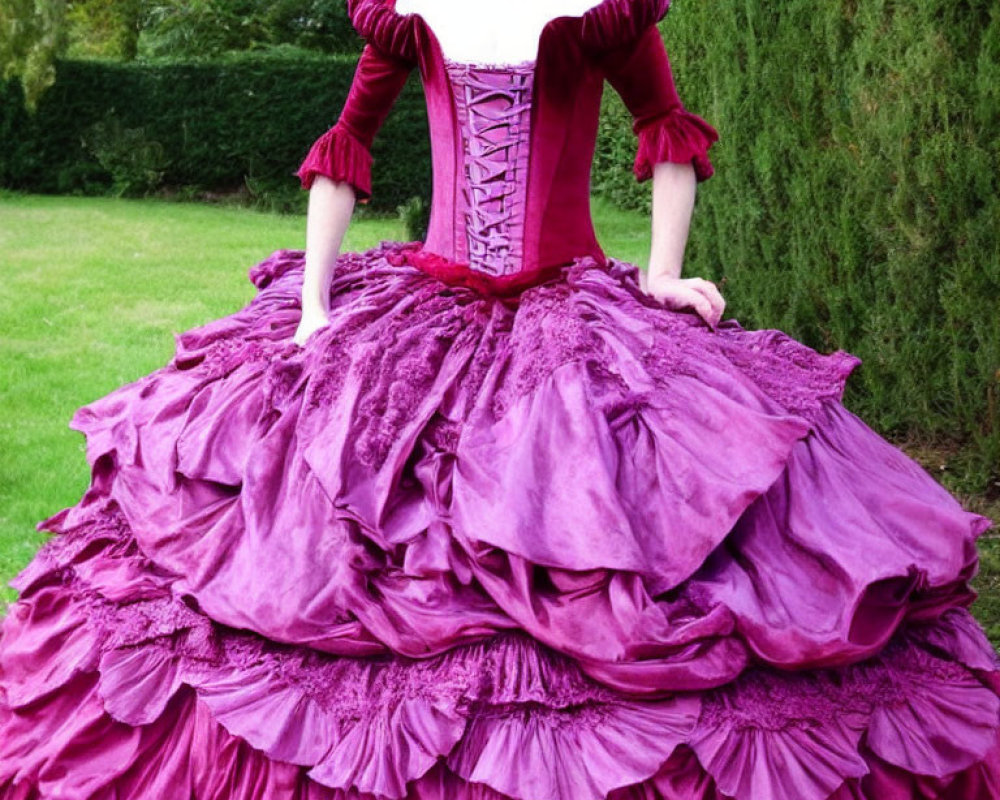 Victorian-style purple dress in lush garden setting