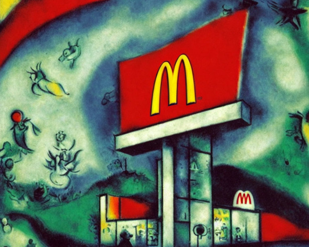 Surreal artwork of distorted McDonald's in dreamlike landscape