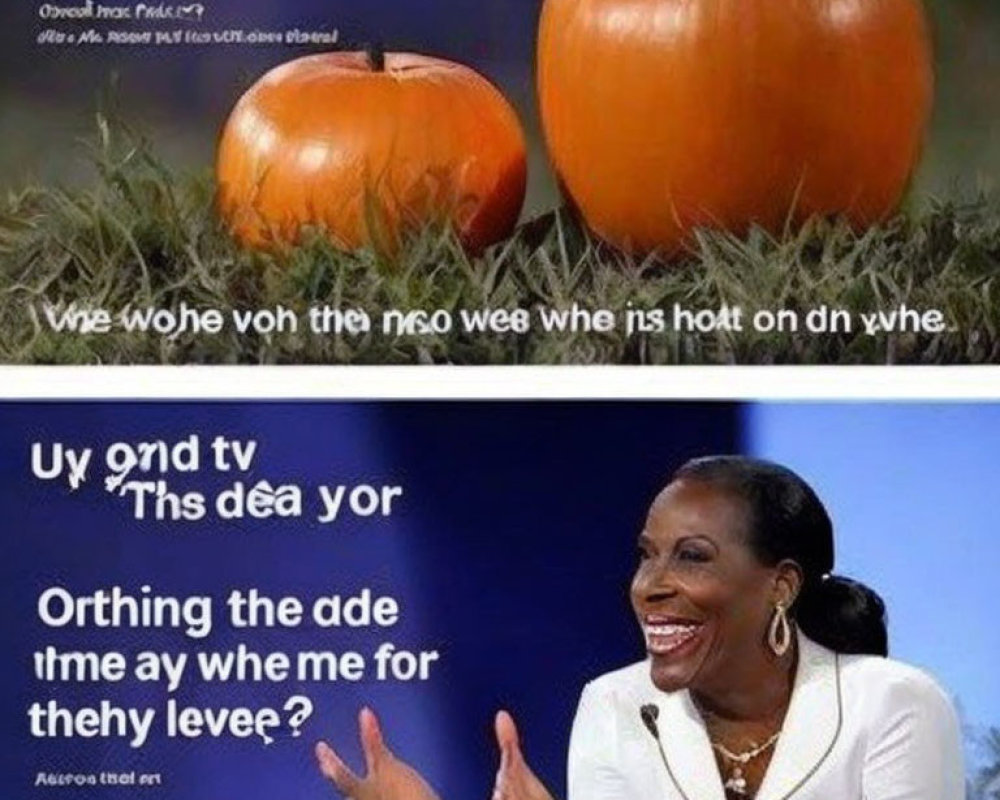 Two pumpkins with jumbled text overlay and a laughing woman with scrambled captions.