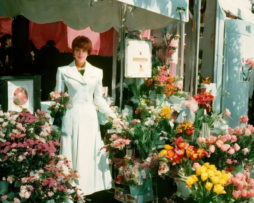 Woman in Light Blue Dress at Colorful Flower Stall
