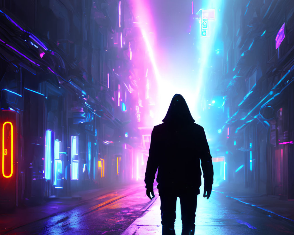 Silhouette of person in neon-lit futuristic cityscape
